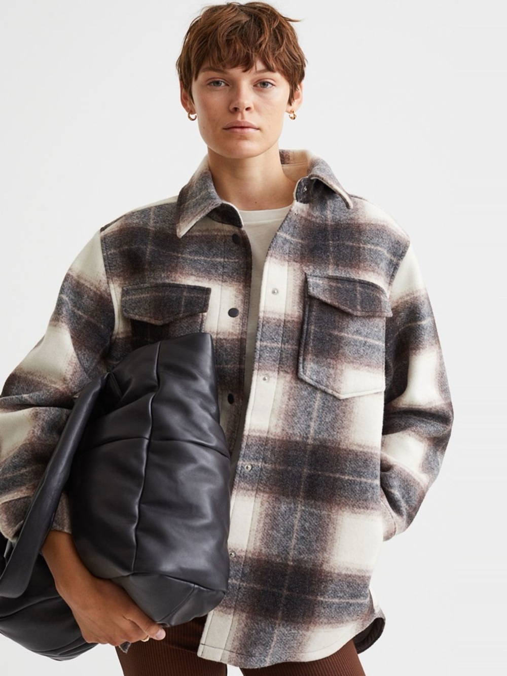 H&M Plaid Brown Checked Shacket Jacket Size Medium Oversized Plaid Flannel